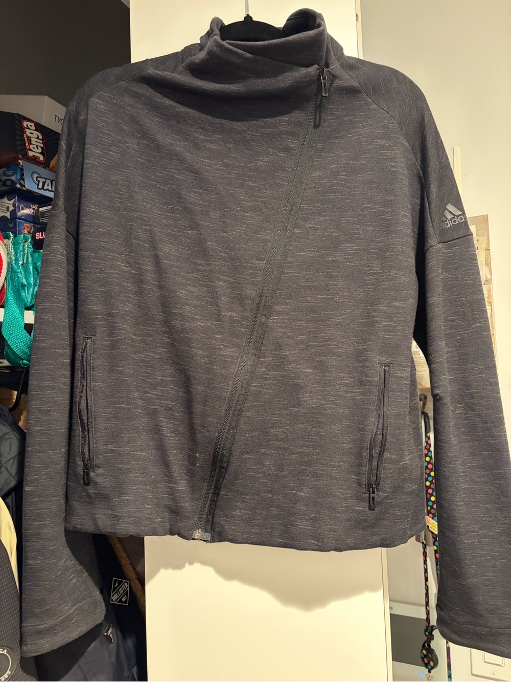 adidas Dark Heather Gray Asymmetrical Zip Funnel Jacket